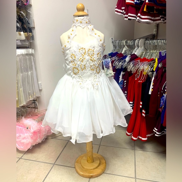 Sz 6 White Gold Halter Neck Beaded Pageant FlowerGirl Special Occasion Dress NWT - Picture 1 of 7